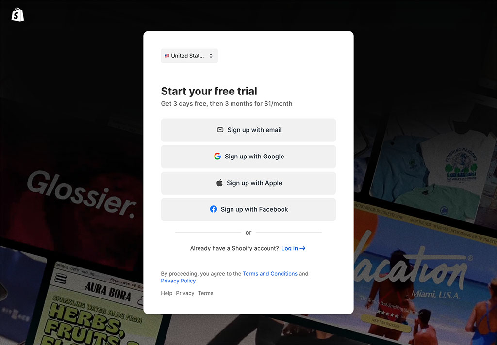 Choosing your signup method to access your $1 for 3 months Shopify trial.