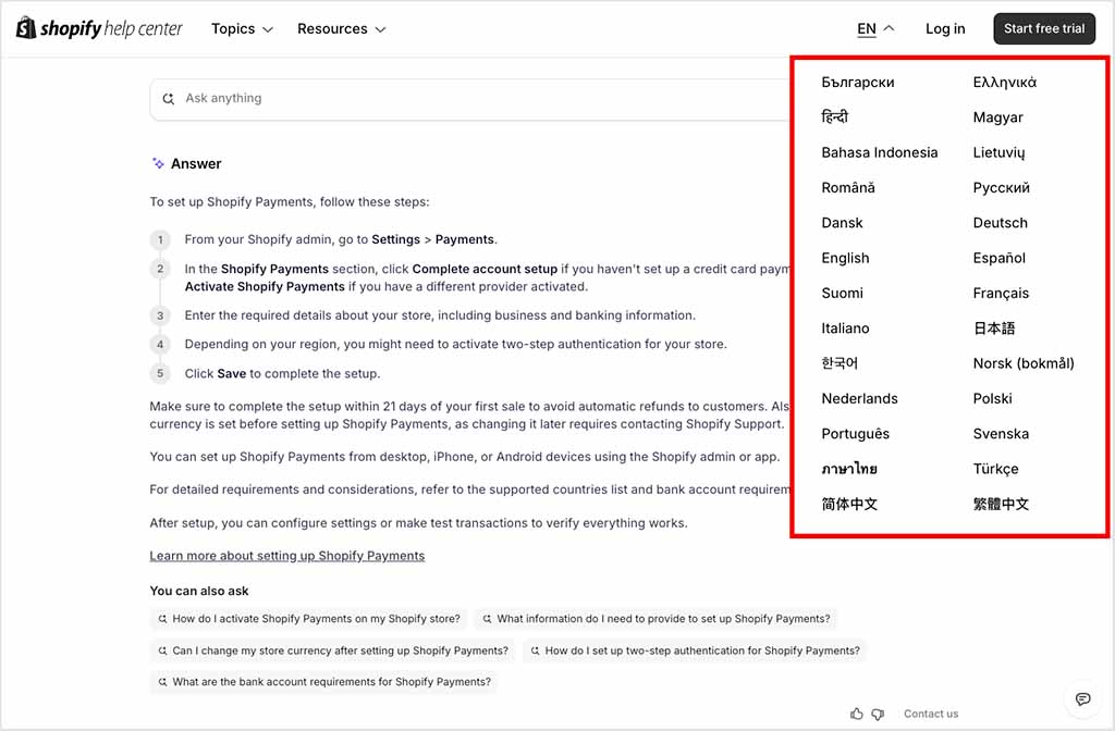 Choosing languages in the Shopify help center