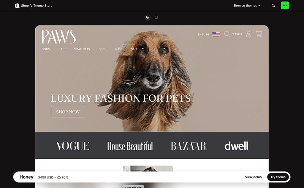 Example of a Shopify paid-for theme, 'Honey'.