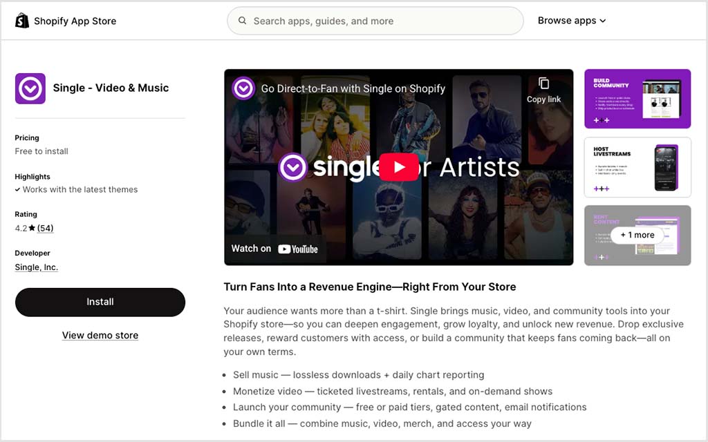 The Single app in the Shopify app store.