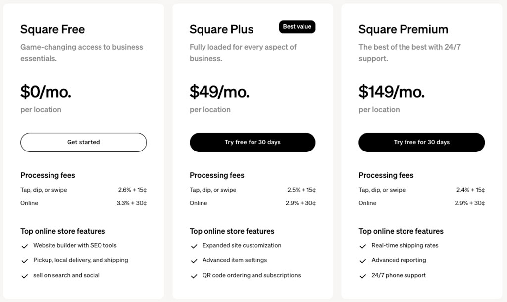 Pricing plans for Square Online.