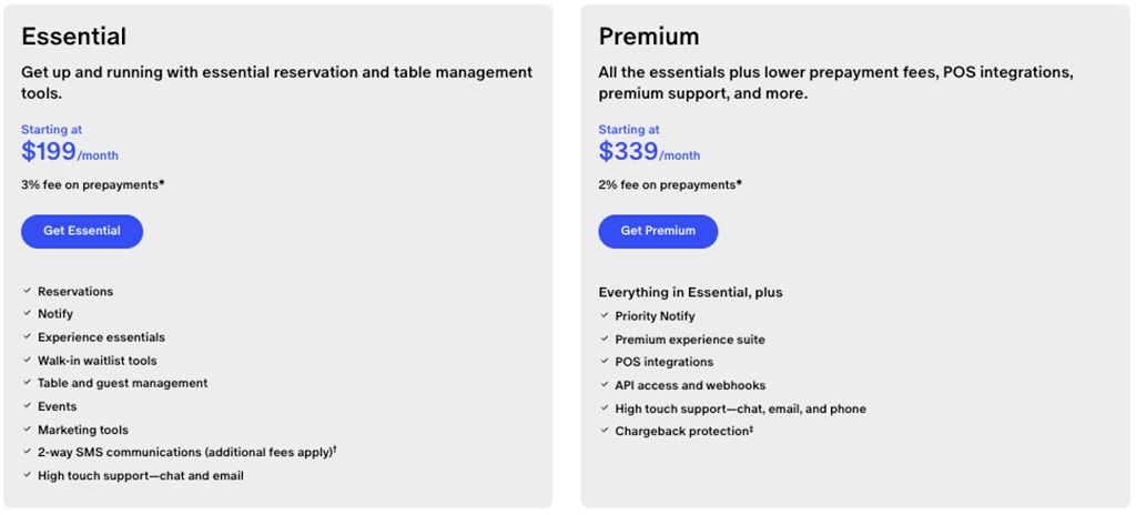 Monthly fees for annual Tock pricing plans.
