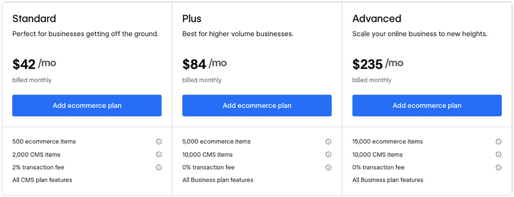 Webflow 'Ecommerce' plans