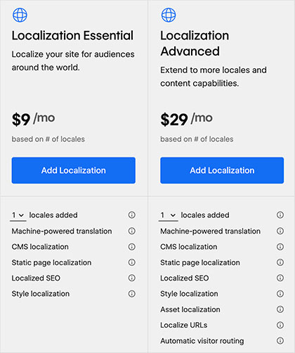 Pricing for Webflow's 'Localization' feature