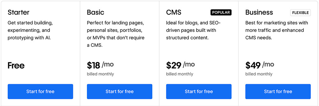 Monthly pricing for Webflow's general site plans.
