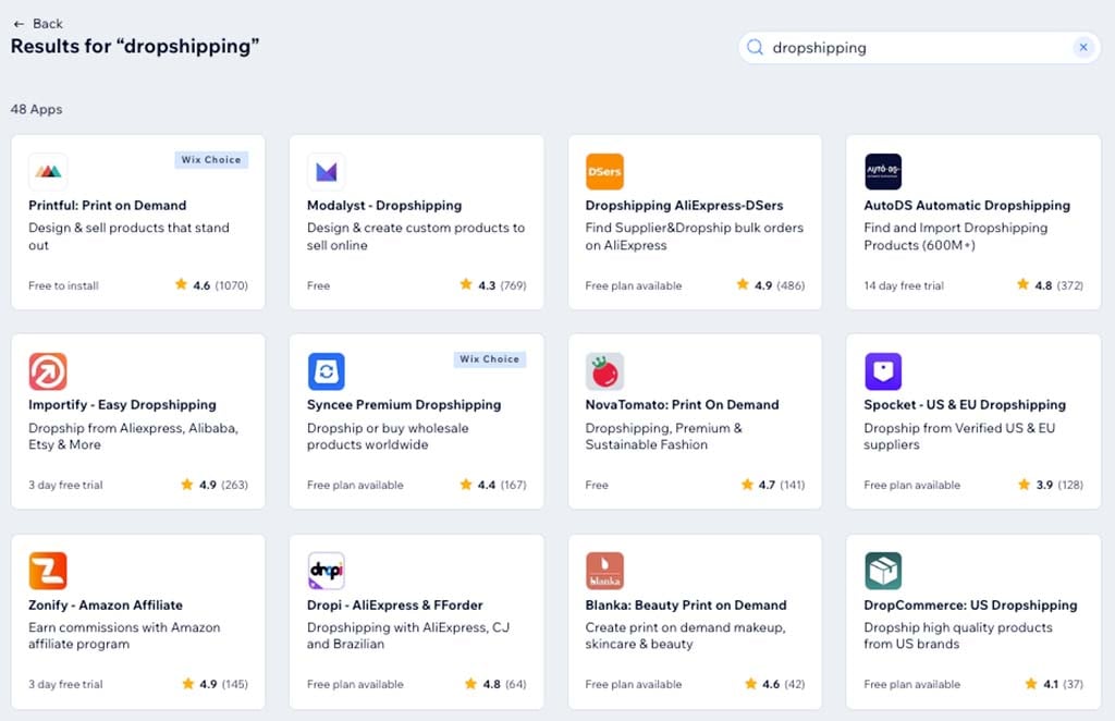 A selection of dropshipping apps available from Wix's App Market.