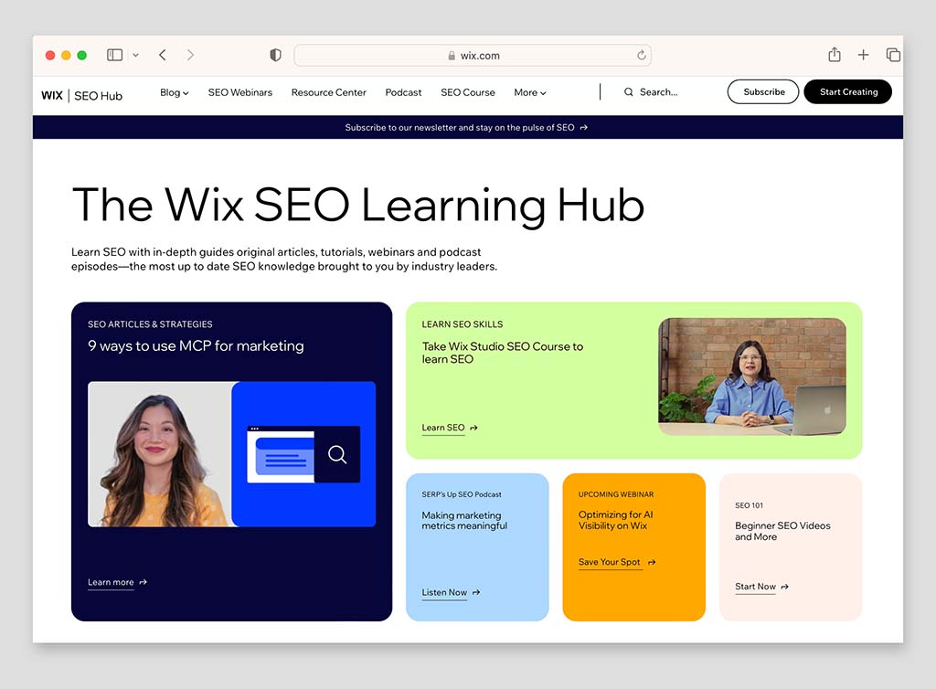 Wix's 'SEO Learning Hub' resource page.