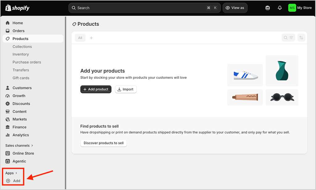 Apps menu in the Shopify admin dashboard