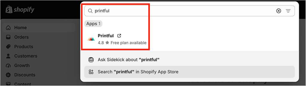Searching for the Printful app in the Shopify admin