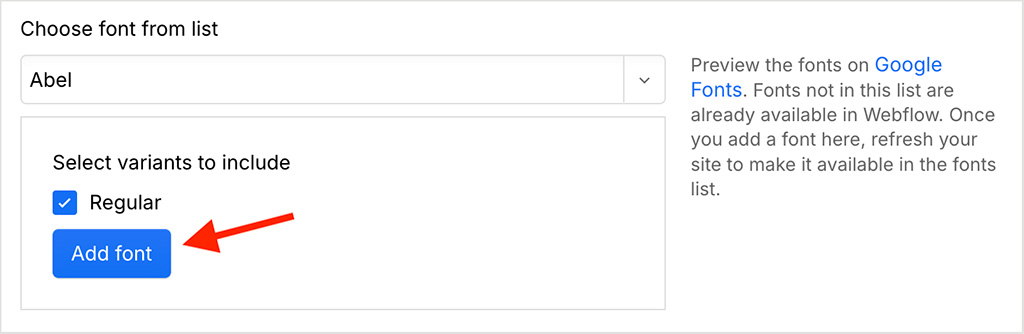 Adding a Google font in Webflow.