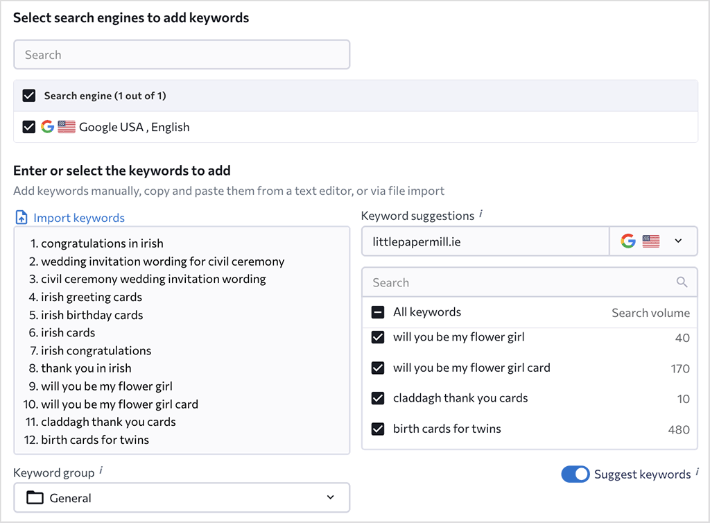 Adding keywords to a project in SE Ranking