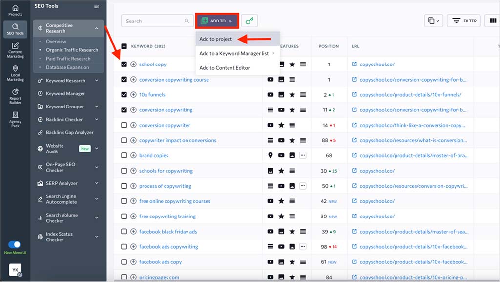 Adding keywords to a project in SE Ranking