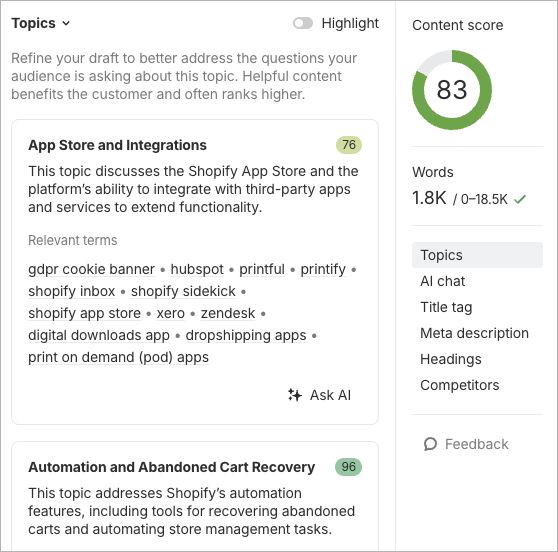 Ahrefs' 'Content Helper' feature in use