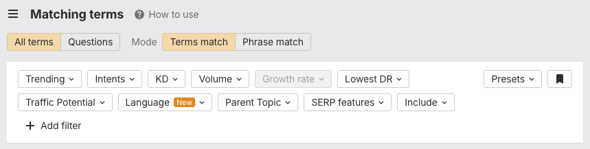 Using keyword research filters in Ahrefs