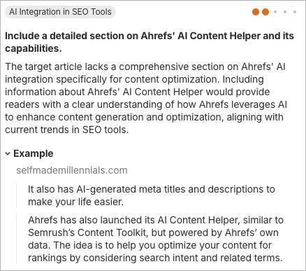 An AI-powered suggestion from Ahrefs' 'Content Grader' feature on how to improve site content