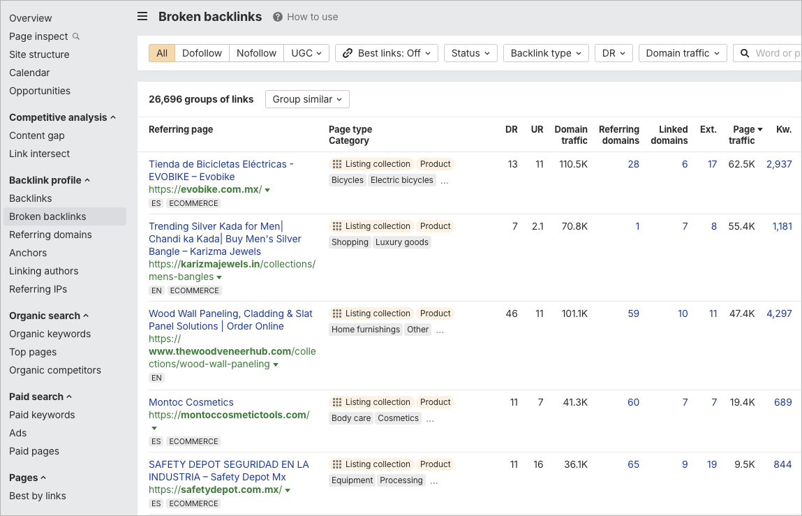 Broken backlinks surfaced by Ahrefs