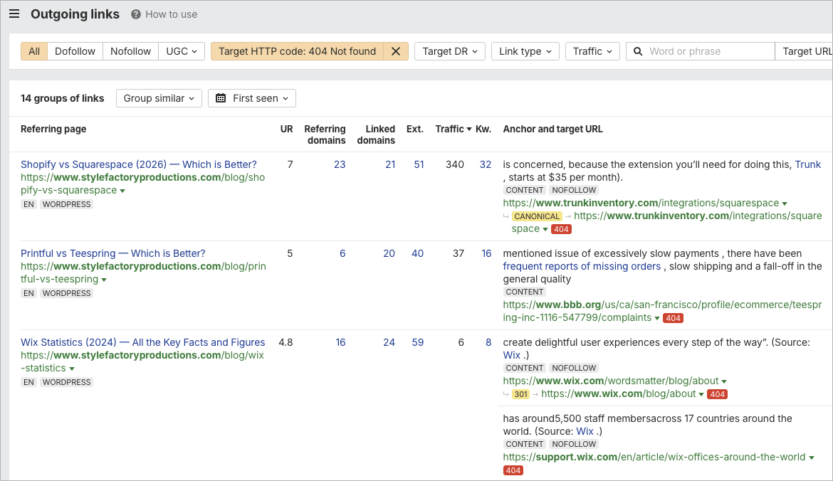 Viewing broken links in Ahrefs