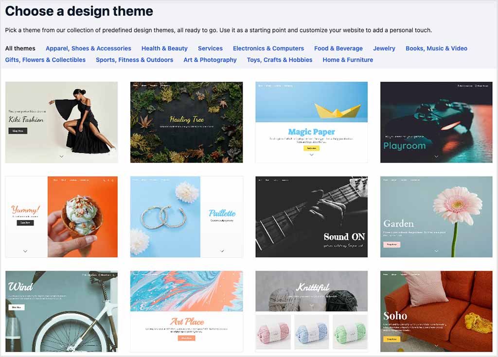 Some of the 'Instant Site' themes currently available from Ecwid