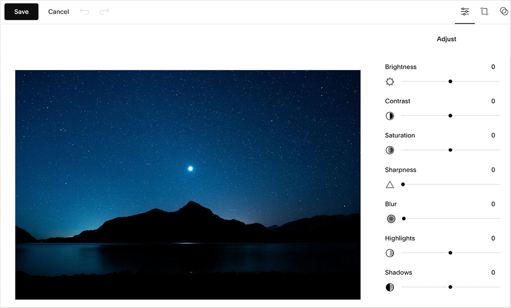 Image editing controls in Squarespace.