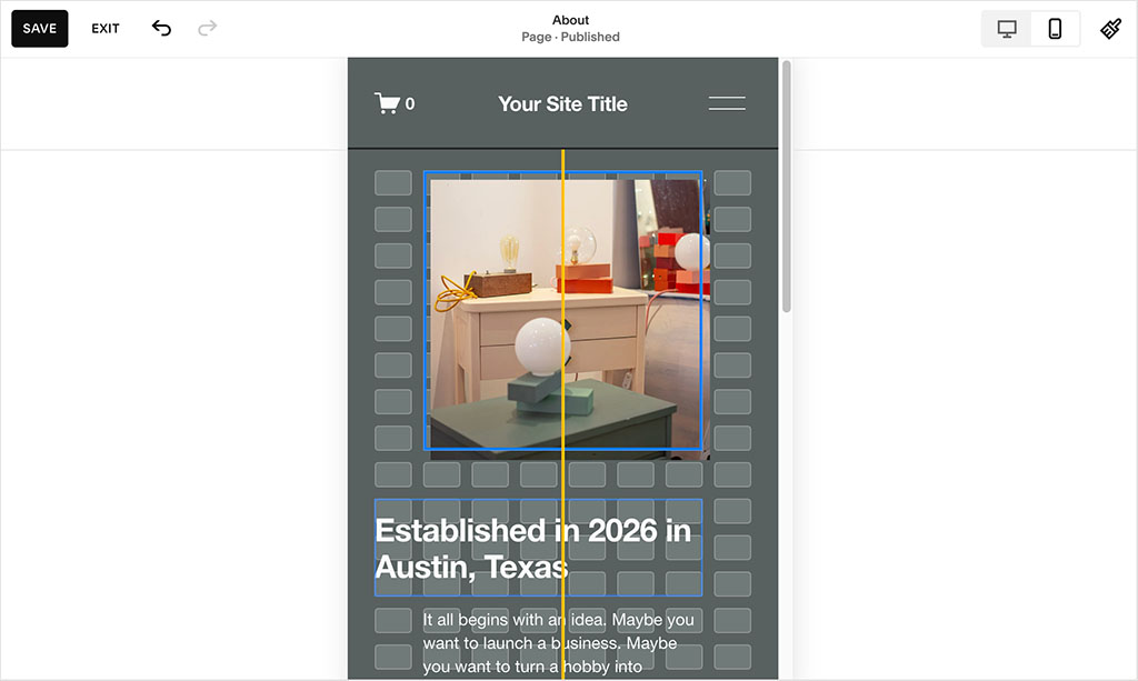 Editing a Squarespace mobile site with the Fluid Engine editor.