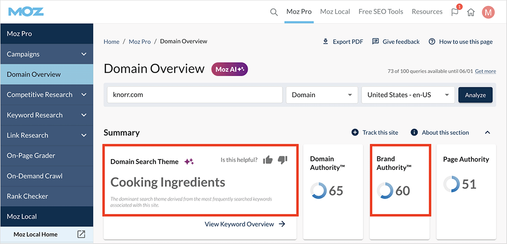 Moz domain overview report 