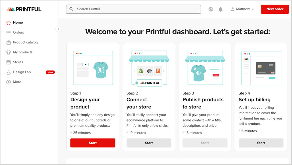 Printful dashboard showing account management options
