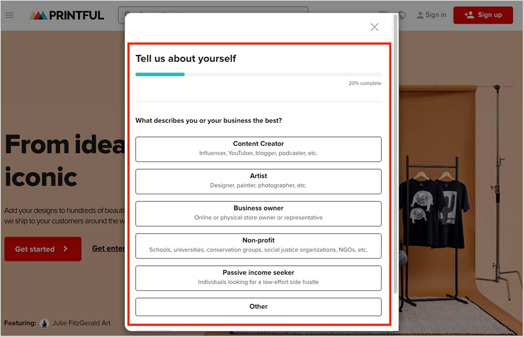 Printful's onboarding questions.
