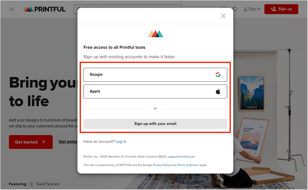 Printful sign up page.