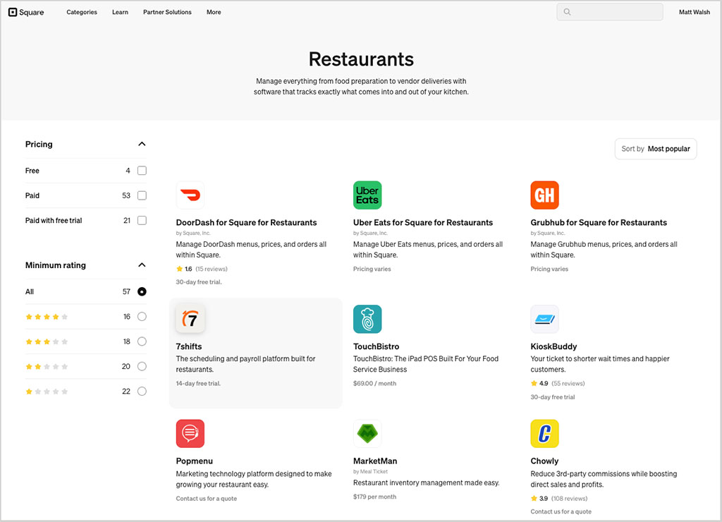 Restaurant apps in the Square app store