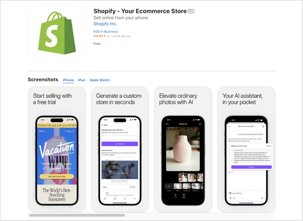 Shopify iOS app in the Apple app store