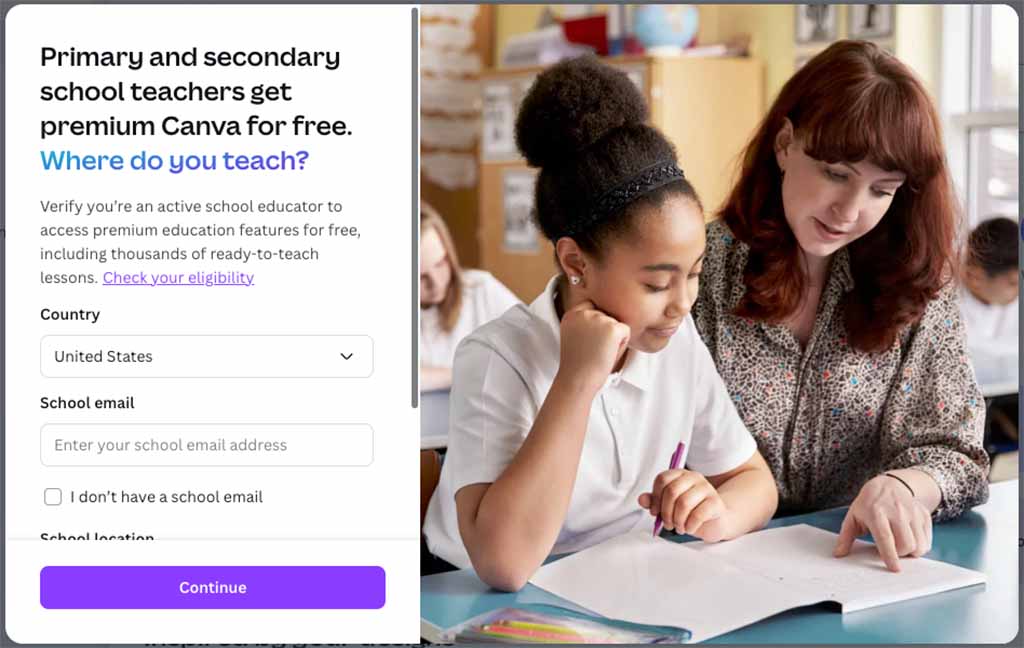 Sign up page for Canva for Education.