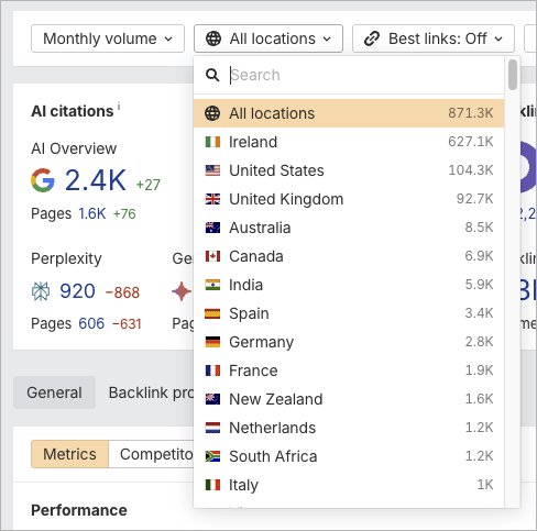 Toggling site data by country in Ahrefs