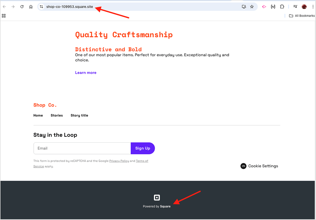 Free Square sites cannot be connected to a custom domain and feature prominent Square branding.