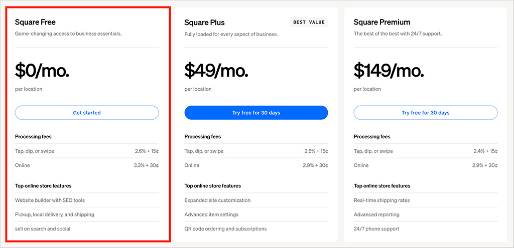Square is one of the very few ecommerce platforms to offer a free plan