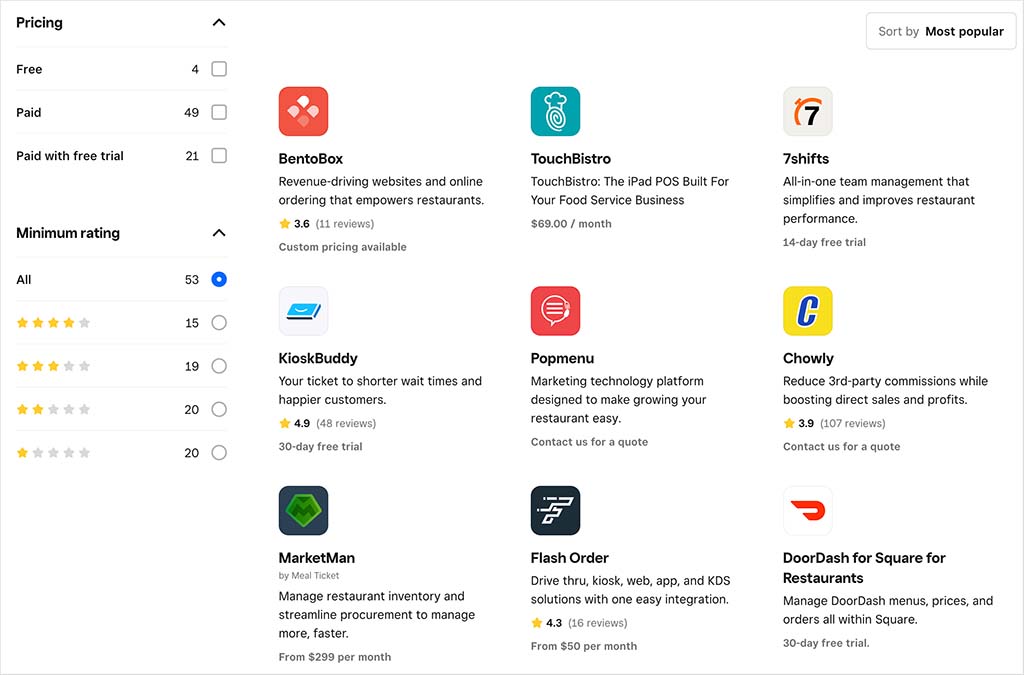 Restaurant apps in the Square app store