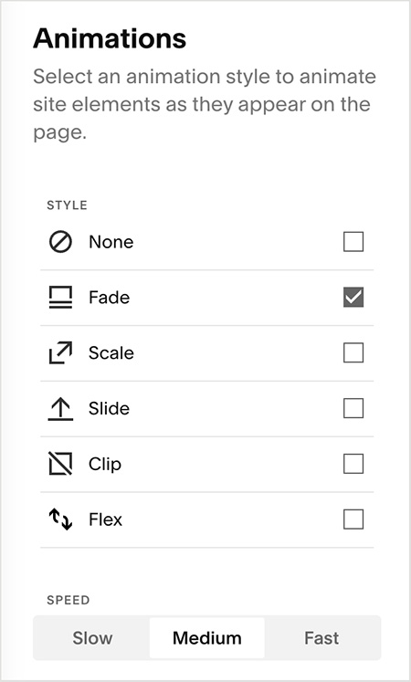Site-wide animation settings in Squarespace.