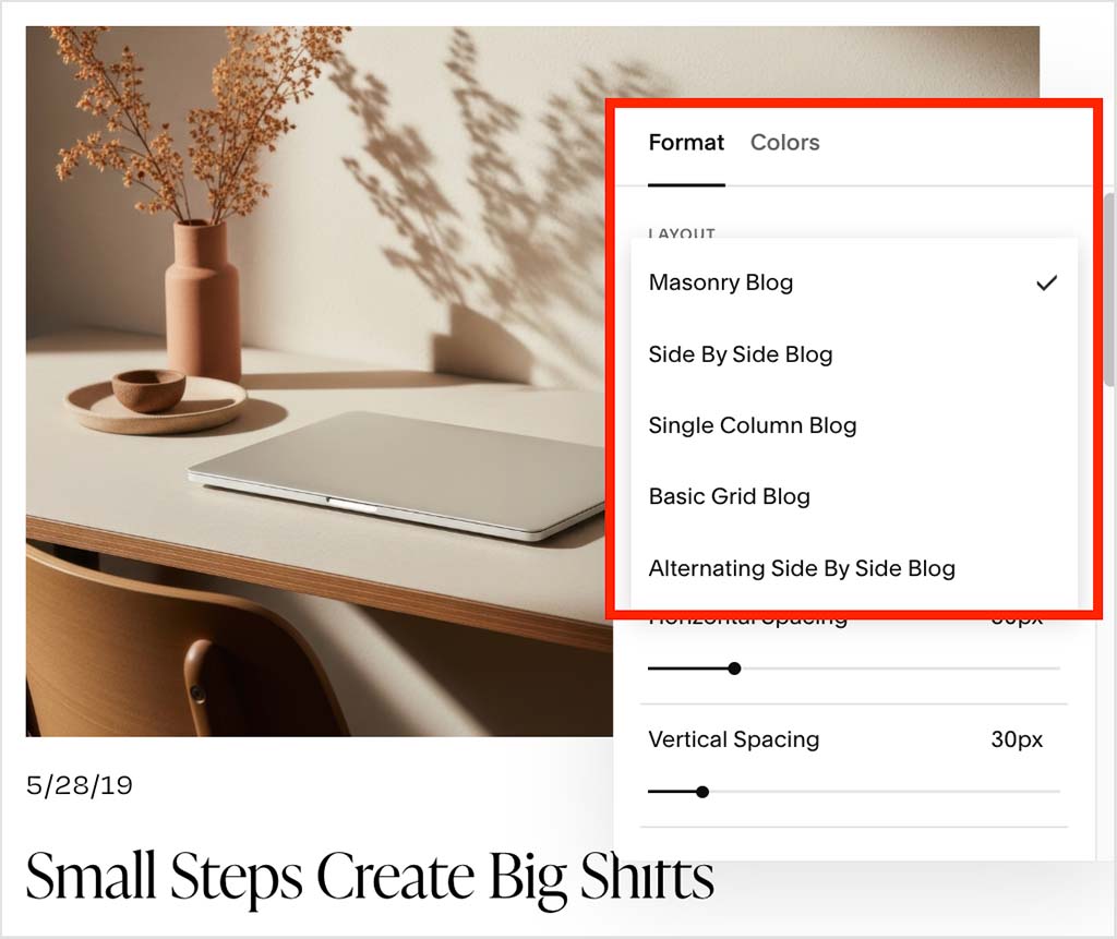 Formatting options in a with a Squarespace blog.