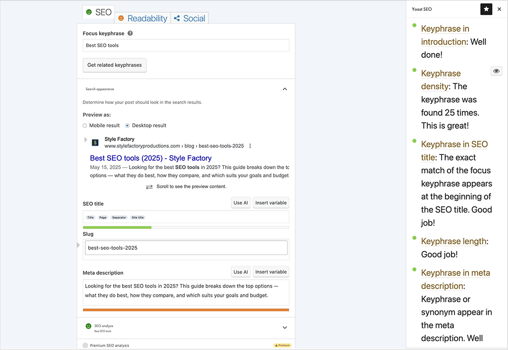 Using Yoast on a WordPress blog post