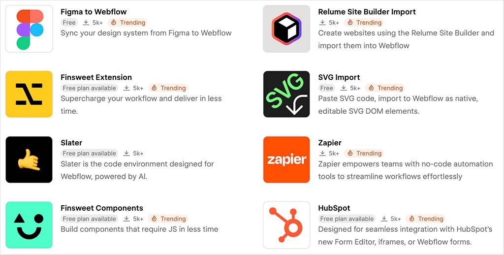Third-party integrations in Webflow.
