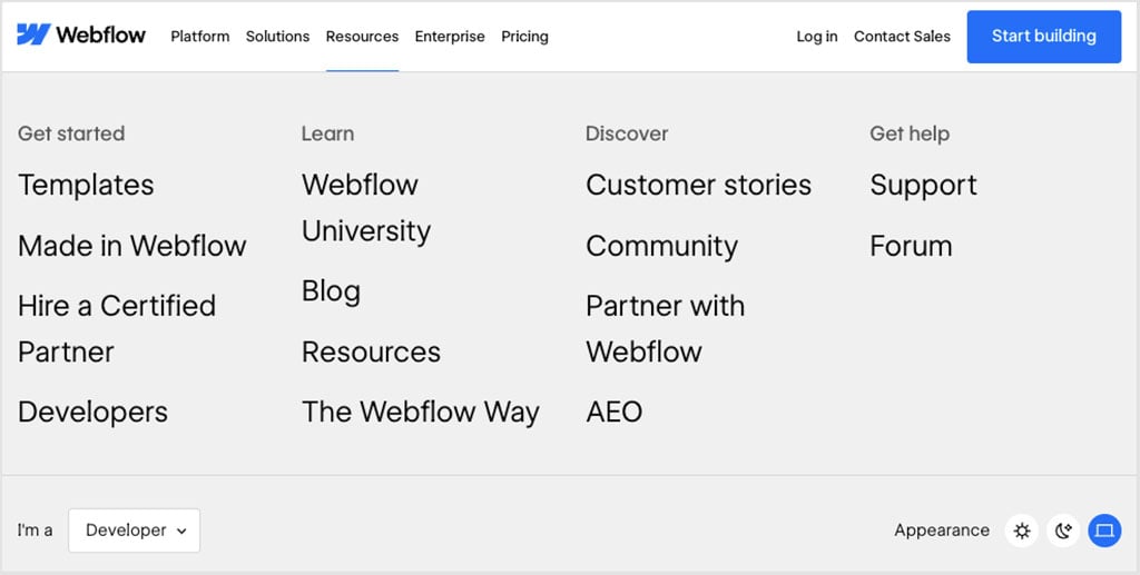 The mega menu of the Webflow platform.