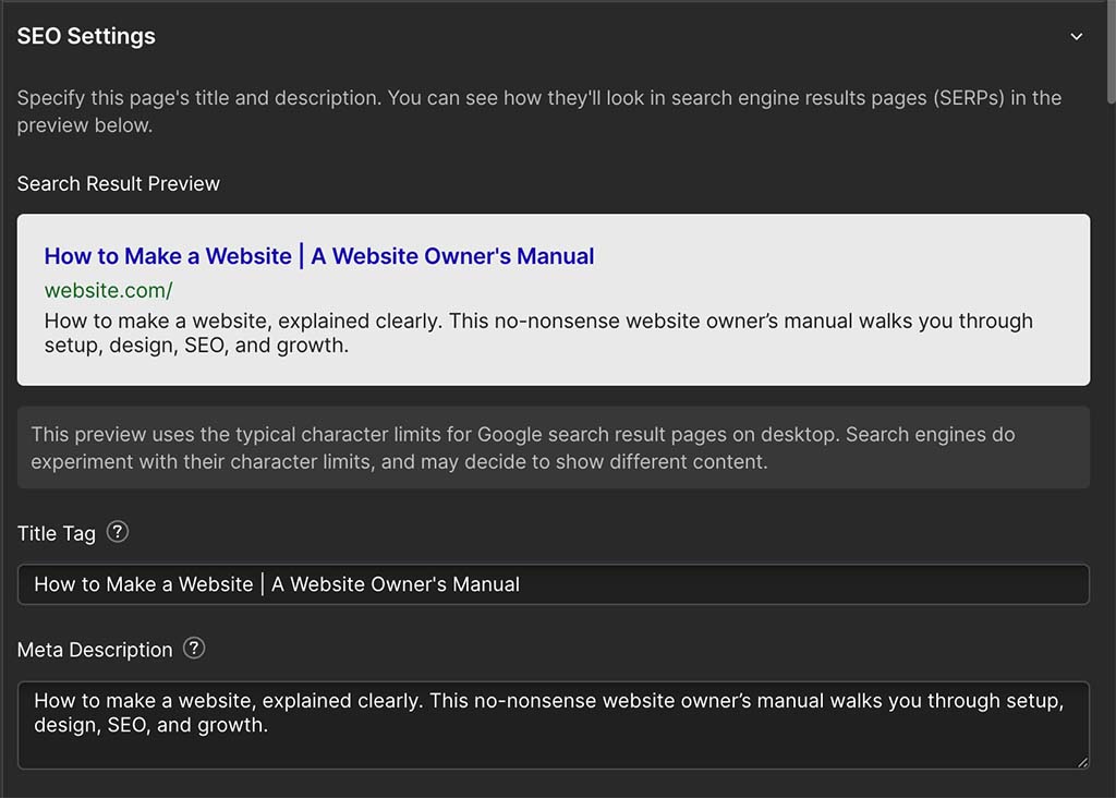 SEO settings in Webflow.