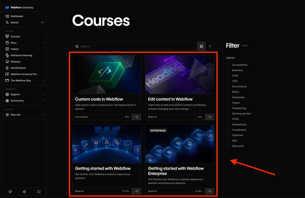 Webflow University course library page