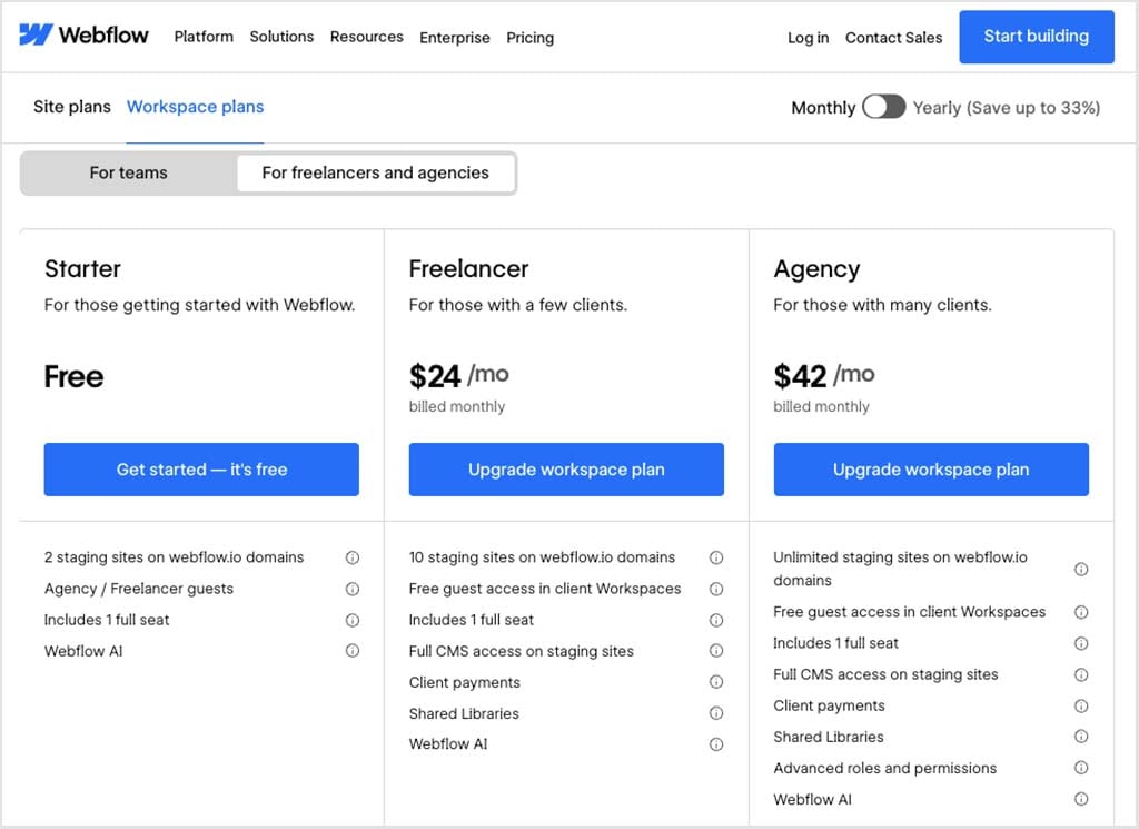 Webflow 'Workspace' plans