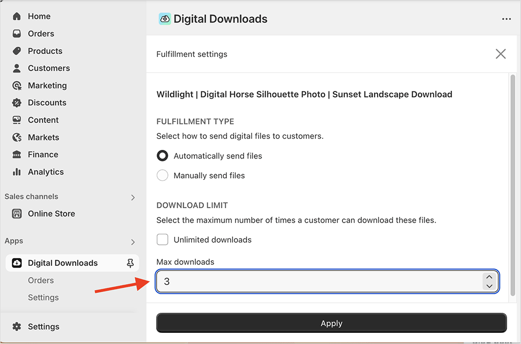 Applying download limits when selling a digital photo with Shopify's 'Digital Downloads' app