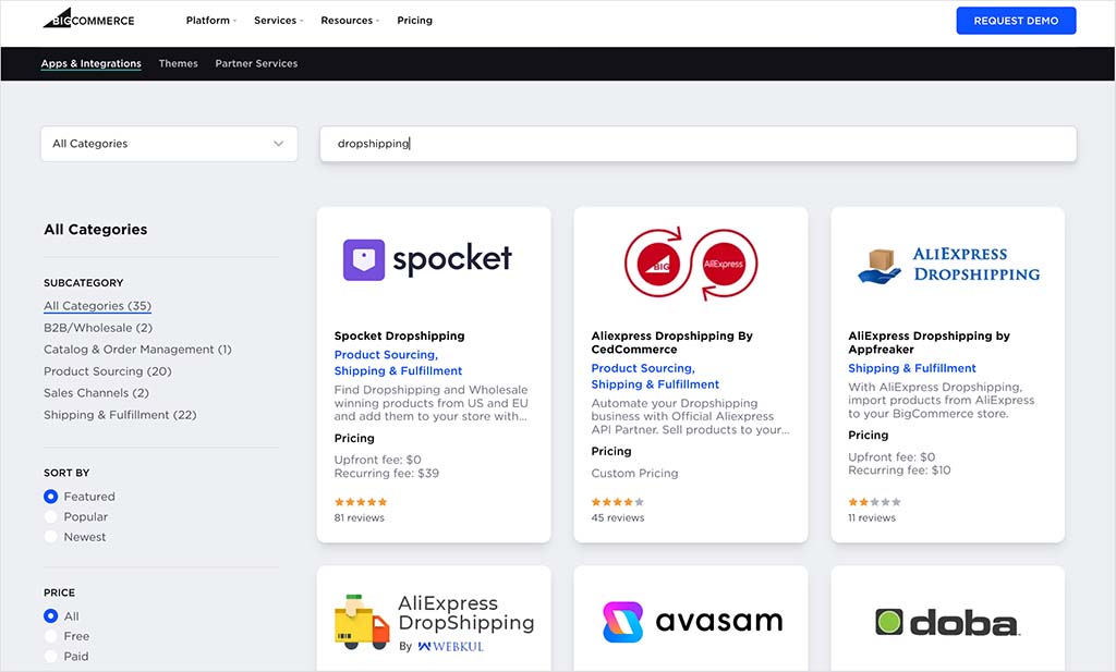 Examples of dropshipping apps in the BigCommerce app store