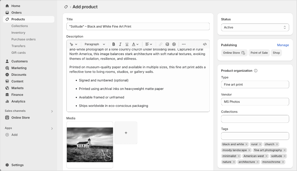 Creating a product in Shopify