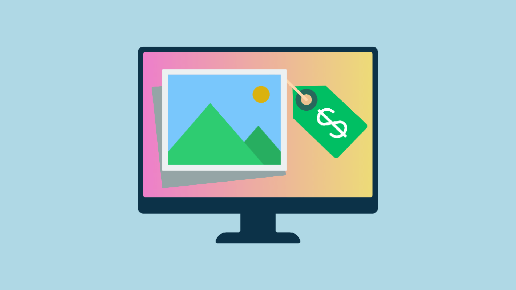 'How to sell photos online' –an image of a computer monitor, displaying graphics of a photograph with a price tag attached to it.