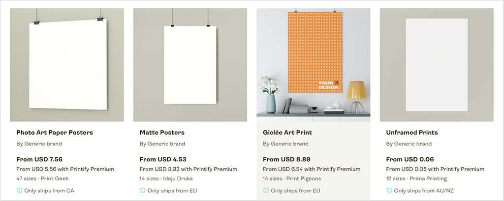 Examples of poster formats available from the Printify POD supplier