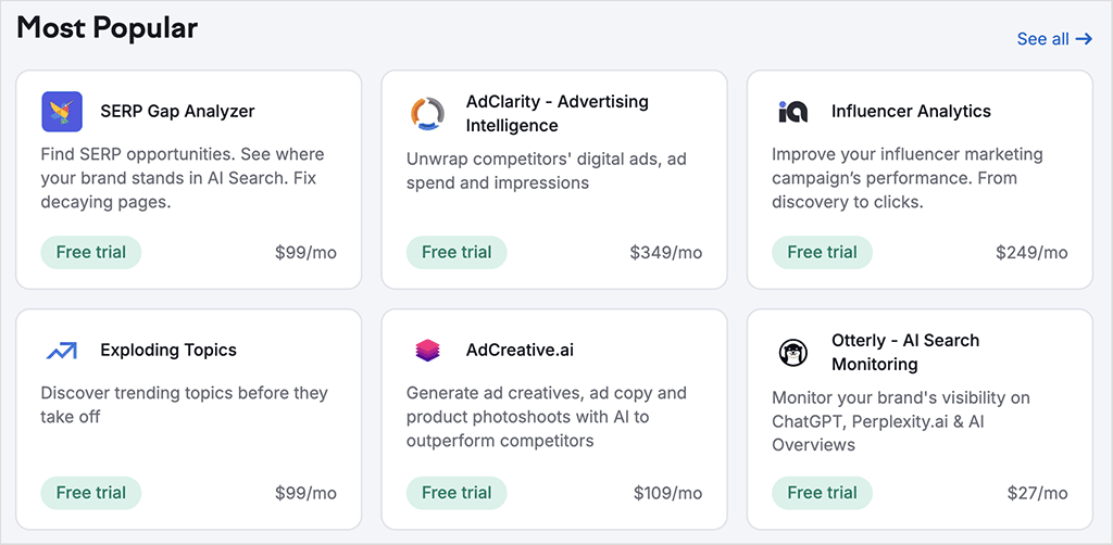 Some of the Semrush apps that are currently available in its App Center