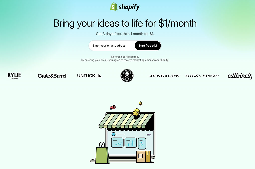 The Shopify free trial signup page